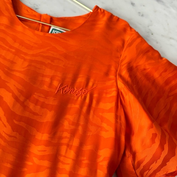 Kenzo Girl’s 12Y Tiered ORANGE TIGER STRIPE Viscose DRESS Wide Sleeves Lined - Picture 3 of 7